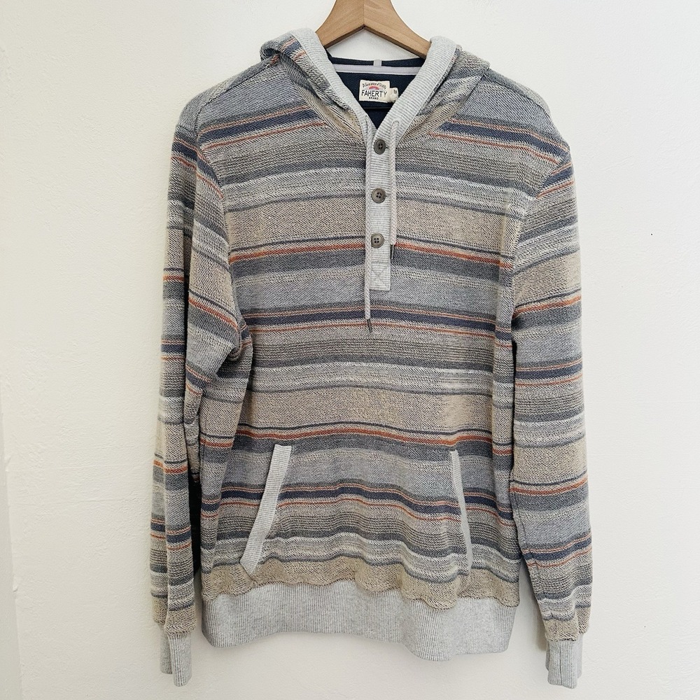 Faherty Campfire Hoodie Mens XL  Gray Stripped French Terry Cotton Pullover